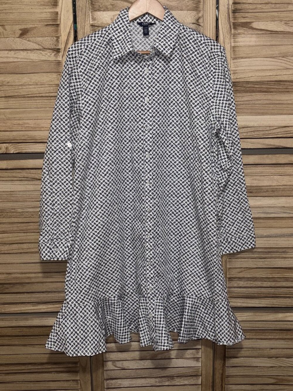 CHAPS White Blue Geometric Geometric Ruffle Hem Button Down Shirt Dress XL